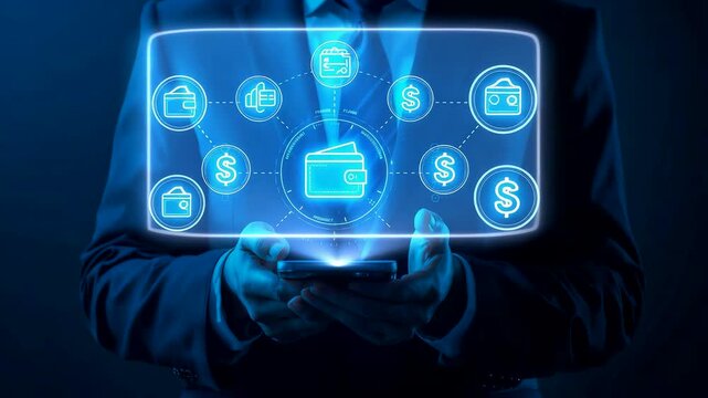 Business person holding glowing holographic wallet with floating digital banking and payment icons finance scene