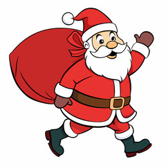 Cute Santa Claus walking with big gift sack, classic cartoon Christmas character vector