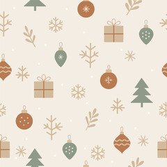 Seamless vector illustration in Scandinavian style with Christmas trees, ornaments, snowflakes, and gifts. Minimal festive pattern for winter packaging and cozy designs.