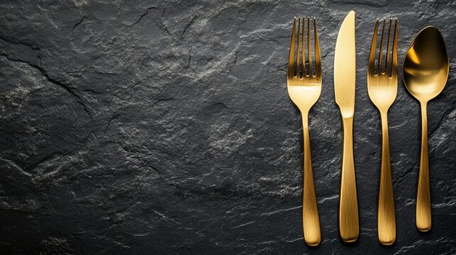 Elegant gold cutlery set gleams against a textured dark slate background, perfect for luxurious dining and culinary presentations