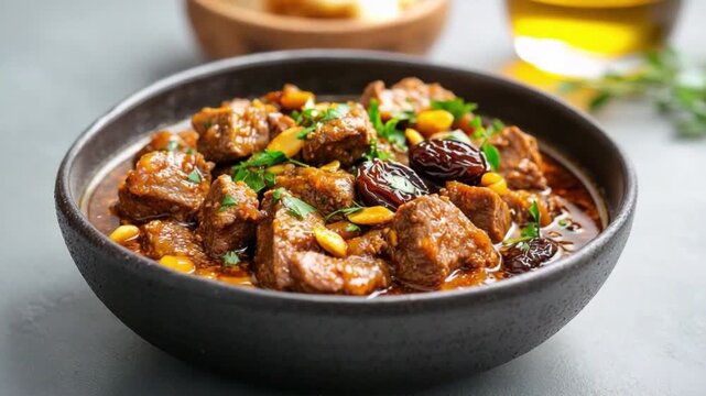 Delectable Lamb Tagine: A culinary masterpiece presents a close-up shot of a richly flavored lamb tagine, garnished with savory ingredients and tantalizing viewers' taste buds. 