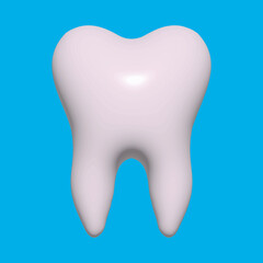 3D white shiny tooth icon, symbol design style. Tooth render on a blue background. Dentist concept. Modern 3D glossy tooth icon. Website and mobile app design element, vector illustration EPS 10.