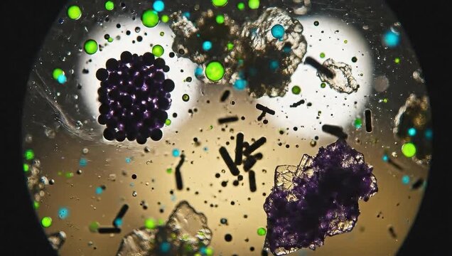 Microscopic Marvel: A captivating view reveals a world of unseen elements, a mesmerizing collage of particles and cells, captured through the lens.