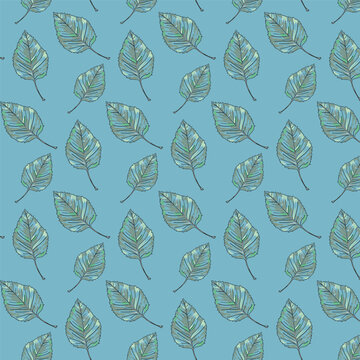 seamless pattern with leaves on blue background
