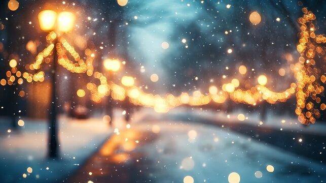 Magical winter evening street scene illuminated by warm festive lights and falling snow creating a dreamy atmosphere - Powered by Adobe
