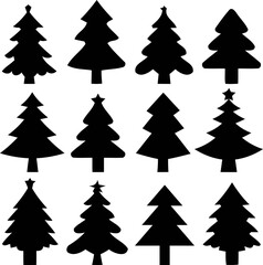 Obraz premium Collection of twelve black silhouette christmas trees on white background