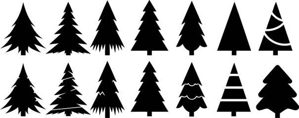 Obraz premium Collection of black silhouette christmas trees with decorations