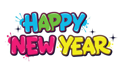 Festive new year celebration graphic with sparkling elements and bold typography