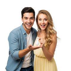 Happy couple showing something small isolated on transparent background