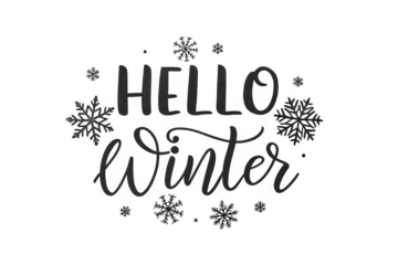 Hello winter hand drawn lettering with snowflakes isolated on transparent background