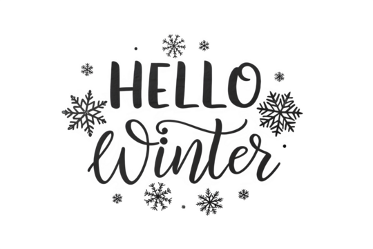 Hello winter hand drawn lettering with snowflakes isolated on transparent background