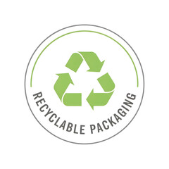 Fototapeta premium Recyclable Packaging vector icon, green recycle symbol label isolated on transparent background. 