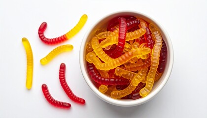 White bowl of brightly colored gummy worms