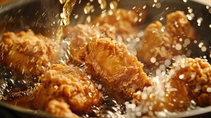 Frying crispy chicken wings in a skillet with oil splattering in