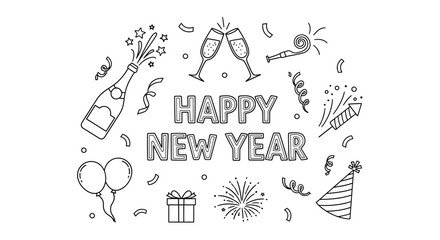 Festive happy new year text design with abstract celebratory elements in vibrant rgb colors