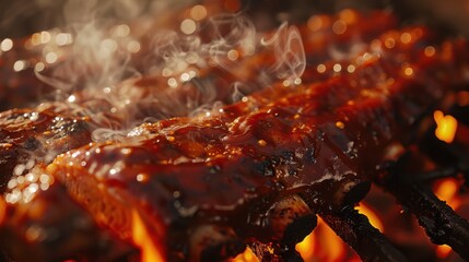 Grilled ribs cooking over open flames at a summer barbecue gathe