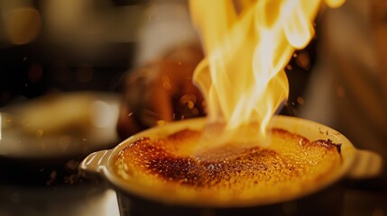 Bubbling dessert flame creates an exciting moment in a busy kitc