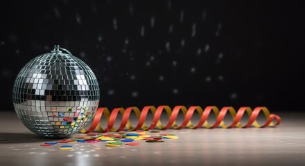 A reflective disco ball sits on a flat surface next to colorful party confetti ready for a big celebration or dance event ,holiday, retro, confetti