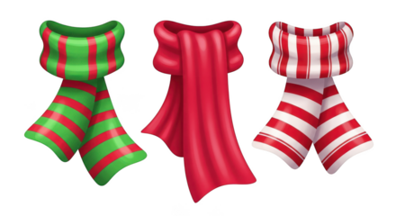 Three colorful winter scarves isolated on transparent background