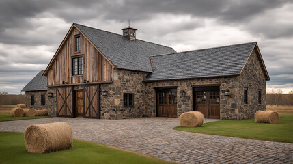 Rustic Stone Barn Building with Wooden Shutters and Grey Roof Under Dramatic Stormy Sky in Rural Countryside
