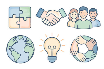 Cooperation unity art pastel vector lightbulb smiling globe icon team soft design