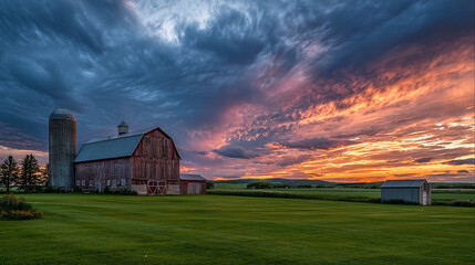 Vibrant Colorful Sunset Sky with Pink Orange Purple Clouds at Dusk Evening Over Rural Landscape Dramatic Cloudscape
