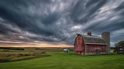 Dramatic Dark Storm Clouds Over Red Barn in Rural Farm Landscape at Dusk with Moody Evening Sky