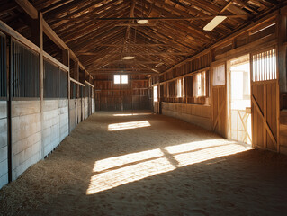 Spacious Horse Stable Interior with White Stalls and Wooden Ceiling