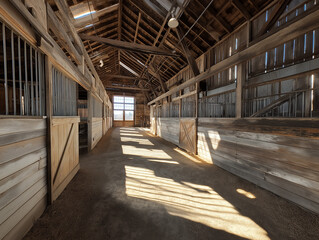 Empty Rustic Barn Interior with Wooden Walls and Exposed Timber Construction