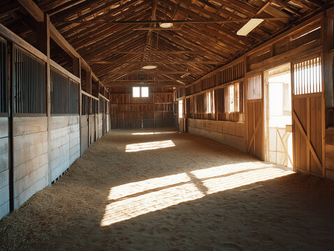 Spacious Horse Stable Interior with White Stalls and Wooden Ceiling - Powered by Adobe