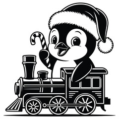 Cute penguin in a santa hat riding a train