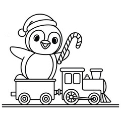 Cute penguin with candy cane on a train