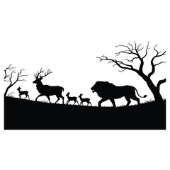 Silhouette of a lion and deer in a savanna landscape