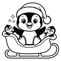 Cute penguin in a sleigh wearing a santa hat