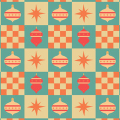 Christmas seamless checkered pattern in retro style. Vintage New Year's pattern. Vector illustration.