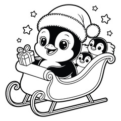 Cute penguin family in a sleigh with gift