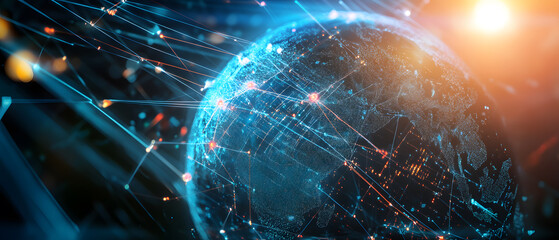 Abstract visualization of international trade flow data with connecting lines across a digital globe