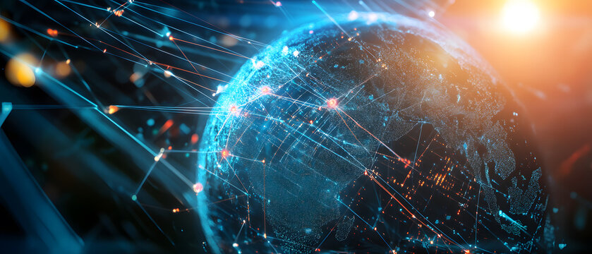 Abstract visualization of international trade flow data with connecting lines across a digital globe