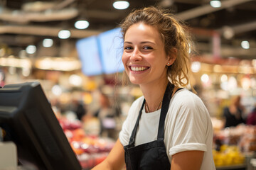 She is wearing a white shirt and a black apron