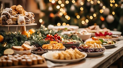 Abundant holiday feast spread with festive decorations and twinkling lights creates a warm, celebratory atmosphere for family gatherings and winter celebrations.