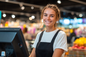 A woman is smiling at the camera in a store
