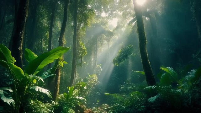 tropical forest background with lush green trees, soft sunlight breaking through leaves