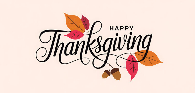 Elegant Happy Thanksgiving typography design decorated with colorful autumn leaves and acorns vector illustration for greeting cards and seasonal promotions