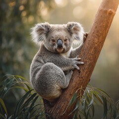 Fototapeta premium Hyperreal Portrait of a Koala in Eucalyptus Tree With Soft Fur and Dreamy Forest Atmosphere