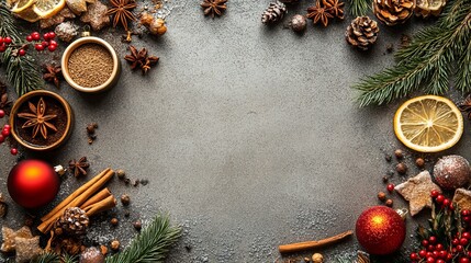 Cozy festive holiday border showcasing aromatic spices, pine branches, ornaments, and star cookies, perfect for winter celebrations and seasonal design projects