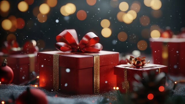 Unwrap joy with stunning red holiday gift boxes adorned with luxurious gold ribbon and festive bokeh lights creating magical Christmas wonder - Powered by Adobe
