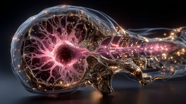 Cross section of an aged brain from disease causes like type 2 diabetes, Alzheimer, Parkinson, stress related causes or pollution 
 3d rendering