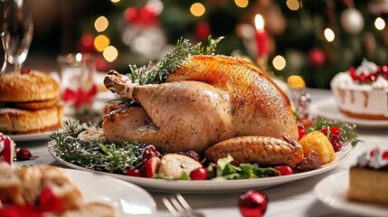 Glistening golden roasted turkey takes center stage on a festive holiday table, surrounded by seasonal delights and twinkling bokeh lights