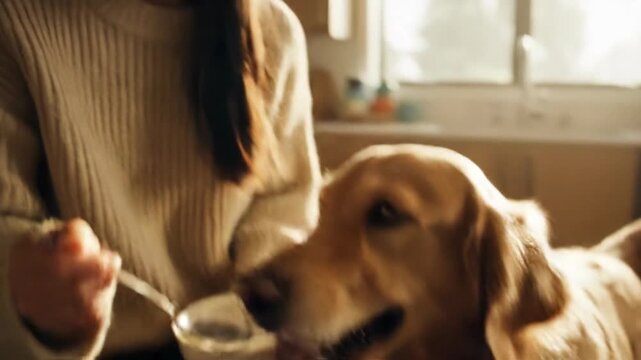 Woman feeding golden retriever dog with spoon in kitchen  