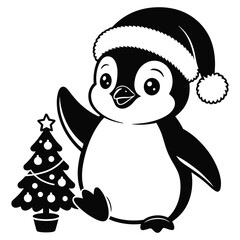 Obraz premium Cute cartoon penguin wearing a santa hat next to a christmas tree
